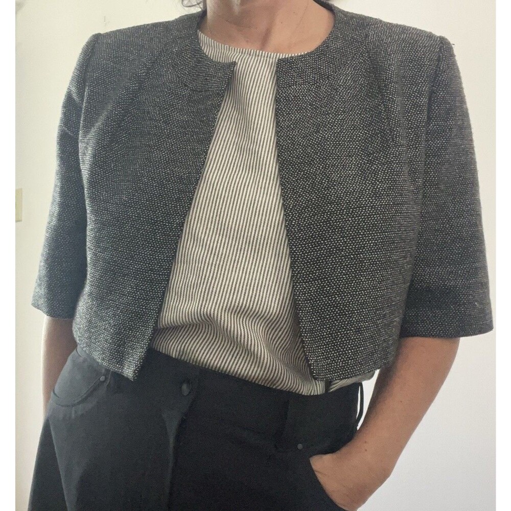 Calvin Klein Cropped Wool Blend Jacket Boxy Scandi Chic Black White Sz M/L